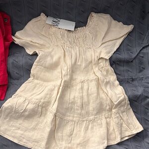 Beige Smocked Tiered Linen Mini Dress zara